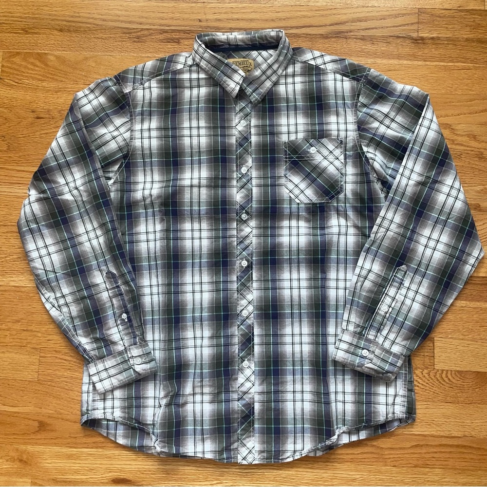 Cremieux LS Premium Denim Light w Purple and Green Plaid Shirt Size XL